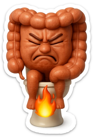 SU QUESTO STILE FAI UN EMOJI STILE IPHONE 3D DI UN INTESTINO CHE sta seduto sul wc e dal wc in mezzo alle sue gambe esce una fiamma stile emoji iphone, FAGLI UN ESPRESSIONE di dolore mentre si sforza E FALLO MOLTO REALISTICO IN 3D sticker