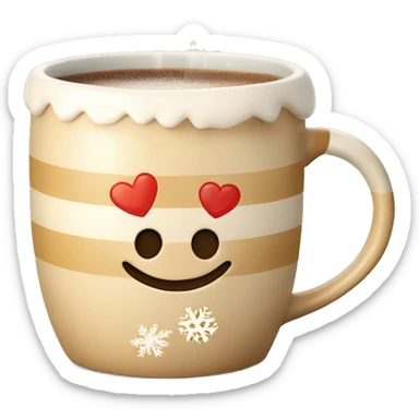 mugs with a hot drink decorated with snowflakes or a striped caramel stick. Steam rises from the mug in the shape of hearts. The color of the mug is warm beige sticker