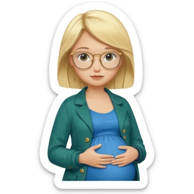 pregnant blonde 18-year old with golden glasses in a bright blue dress and a dark green jacket on top of the blue dress standing sassily sticker