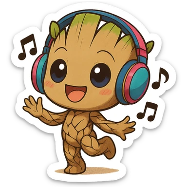 Add cute, colorful headphones to a chibi anime style Groot dancing with an oversized head, joyful and cute, one foot up, musical notes around. Keep the background transparent. The style should be chibi anime with a joyful and cute vibe. sticker