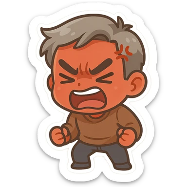a very angry man with red skin and gray hair, expressive face, intense emotion, cartoon style sticker