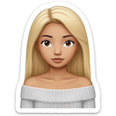 Mujer color de piel moreno claro, con cabello rubio largo, lacio y suelto, ojos negros viendo a la cámara, usando un suéter off shoulders blanco sticker