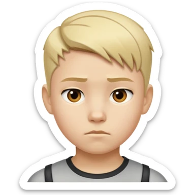 "- Nam
- 10 tuổi
- Da trắng
- Tóc ngắn, vàng, vuốt undercut gọn gàng
- mặt nghiêm túc
" sticker
