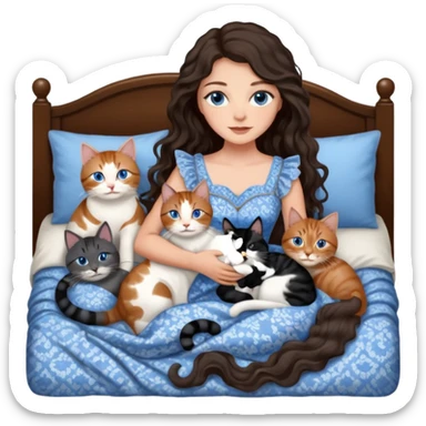 detailed realistic looking a dark grey and white cat regally laying with six other cats, cuddling with their owner in bed who is a pretty bratz lightly tanned white girl with long dark brown hair, blue eyes and gorgeous long wavy hair wearing a pretty detailed dress sticker
