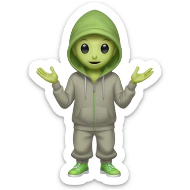 green alien in gray hoodie full height, wear hoodie hat, happy sticker