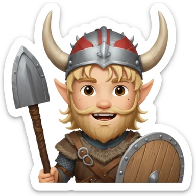 A young Viking warrior with messy hair painted cheeks, wooden shield, and fierce excited grin with horned helmet sticker