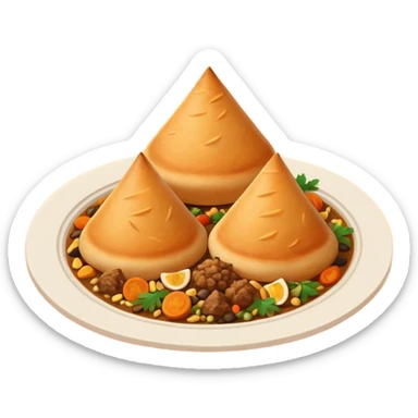 Uzbek cuisine humanless avatar in bright emoji-style illustration. Classic dishes like plov and samsa, warm golden and earthy tones, simple shapes, flat design, high contrast, friendly and appetizing. sticker
