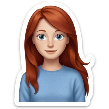 woman with long dark auburn red hair that is mostly straight but has slight waves to it. grey blue eyes. some freckles. wearing a Swedish style sweater that is neutral. smiling.  sticker
