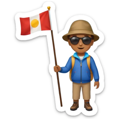 a happy guy standing on a rounded, gentle mountain with some snow, holding a flag sticker