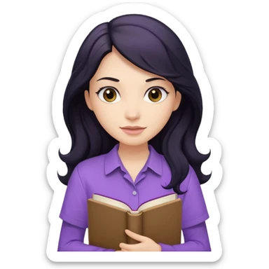 Long Hair Women with purple Book, Black wavy hair, beige shirt sticker