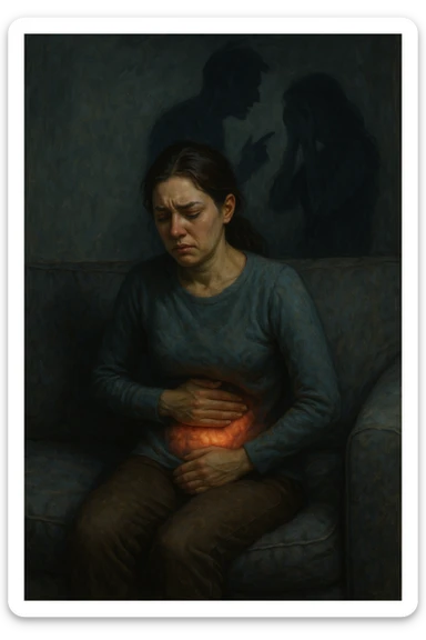 Donna sui 30 anni seduta su un divano, con una mano sull’addome e un'espressione visibilmente provata e triste. Intorno a lei, l’atmosfera è opaca e pesante, con toni freddi. Un’ombra simbolica dietro di lei rappresenta un evento stressante recente (es. un litigio o una perdita). Sul corpo, un lieve bagliore localizzato nella zona intestinale, a simboleggiare il dolore e l'infiammazione. Ambiente domestico, luci basse, emozione visibile. Stile realistico o metaforico con elementi emozionali e viscerali. sticker