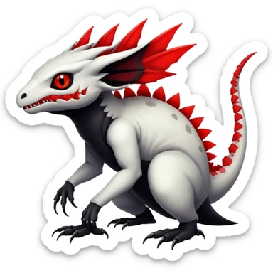 a white exotic edgy vernid-fionbr-Fakémon-creature, with black belly and red eyes, full body sticker