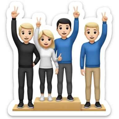 winners podium with three people, black and white, center step higher, no numbers, all in relaxed fun clothes, center person raising one finger on each hand, left person raising two fingers on each hand, right person raising three fingers on each hand, cheerful expressive emoji style sticker