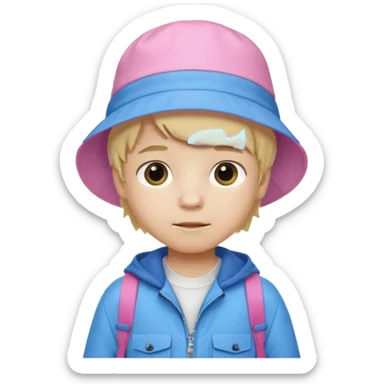 A little boy student white skin, blonde hair, with pink bucket hat, white jacket, blue backpack sticker