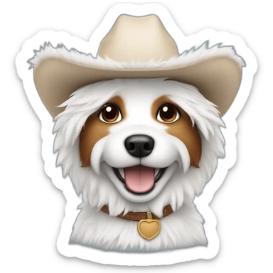 Happy small dog with all white shaggy fur wearing a cowboy hat sticker