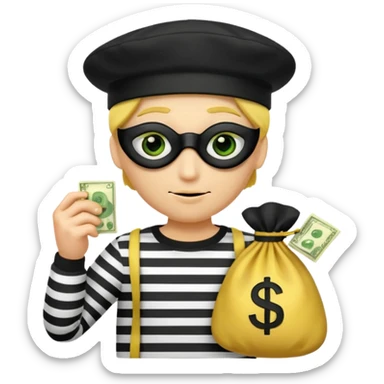 Create a high-quality emoji-style illustration of a cartoon thief character. The character should have a yellow face, wearing a black eye mask and a black beret. He is dressed in a black-and-white striped shirt. In one hand, he's holding a golden money bag with a green dollar sign on it.  sticker