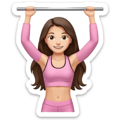 white happy brunette teen long hair with hazel eyes in light pink workout clothes doing a pullup sticker