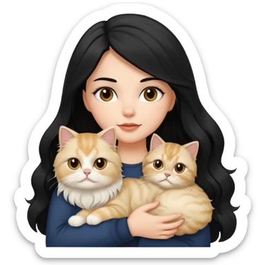 A white girl with brown eyes and black hair long downward wave is holding her blonde persian cat sticker