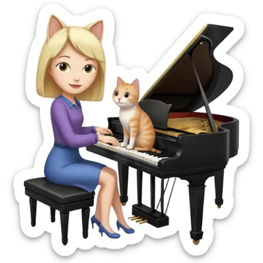 woman playing piano while her cat sits on top of the piano sticker