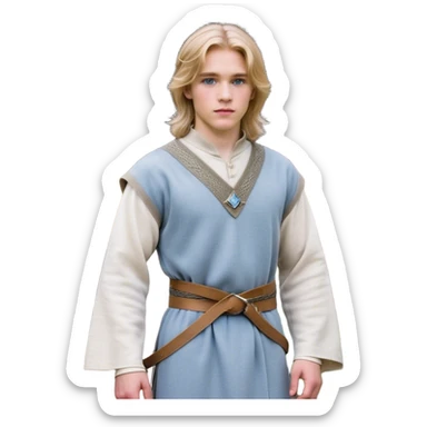 Medieval spring outfit worn by a DnD themed fantasy male character. Dove gray wool tunic with subtle silver threading at the edges, fastened with a woven belt of mixed natural fibers. Clothes only above the waist, full waist coverage. The character has no arms. Character is white-skinned with honey blonde hair, crystal blue eyes, and medium-length straight hair with wispy ends. sticker