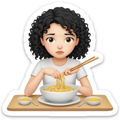 generate a pretty bratz fair skinned girl with curly black hair wearing a white tshirt sitting on a table with noodles. looking sleepy and tired sticker