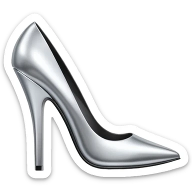 A pair of high heel shoes emoji made of polished silver chrome, elegant sharp silhouette, smooth metallic surface, glossy reflections, luxury sexy vibe, minimalistic iOS emoji style, centered, clean white background sticker
