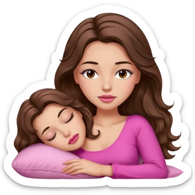 girl with long wavy brown hair, brown eyes, long lashes makeup, sexy pink lips, light to medium complexion, wearing a pink sexy top, sleeping sticker
