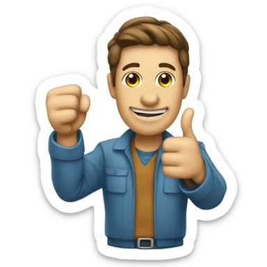 A person showing they have completed a task by pointing at it with a thumbs up sticker