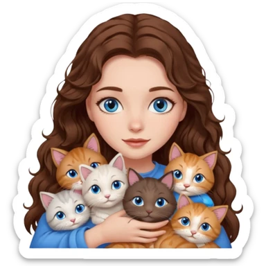girl with long wavy brown hair, blue eyes, long lashes makeup, cuddling with 6 cats sticker