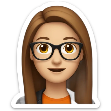white woman with glasses with long straight brown hair waving wearing a dark orange shirt and black jacket sticker
