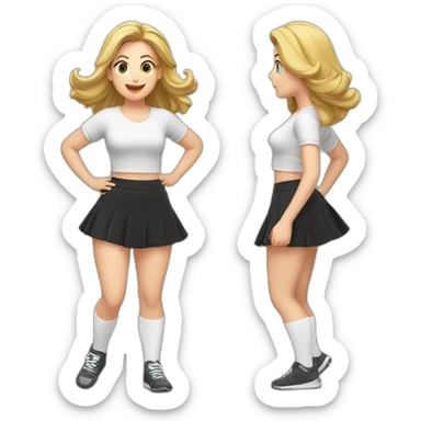 alistic-full-body-caucasian-curvy-beauty-jumping-short black-skirt-back-and-front-views-strong-wind-knickers-long-white-socks sticker