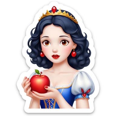 Cinematic Elegant Snow White Portrait Emoji, Delicately holding a red apple, eyes glimmering with mystery, soft curls perfectly placed, her royal presence glowing with a warm, enchanting charm! sticker