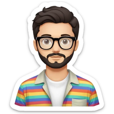 young adult man with light skin, short beard, dark wavy hair, relaxed expression, very wide rectangular glasses with thick black acetate frame and thick double bridge, retro oversized style, colorful open shirt and white t-shirt sticker