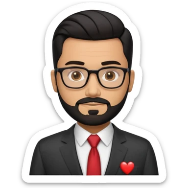 Attractive Hispanic TV host in his mid to late 40s with light brown skin, short straight black hair slicked back with fade on sides, heart handsome face with strong jawline, friendly approachable expression, black beard, wearing glasses sticker
