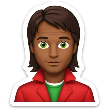 Robert Pilatus, German Singer (1964-1998) with medium dark skin, long dark brown hair, green eyes, red outfit sticker