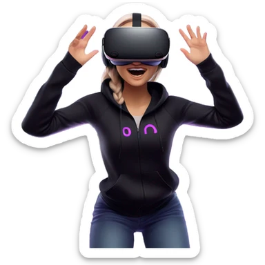 Russian girl wearing black hoody with violet letters "OMG", in vr headset oculus quest2. jumping. Cyberpunk style. Violet neon. sticker