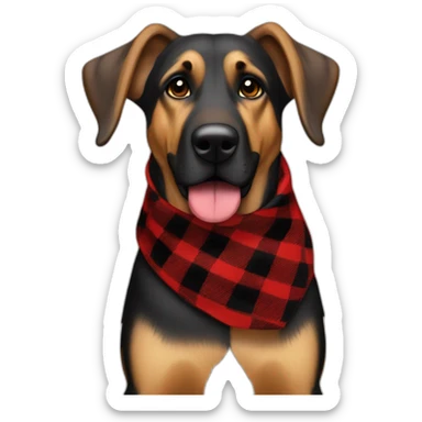 75% Coonhound 25% German Shepherd mix dog wearing small pointed red buffalo plaid bandana pointing down side view full body facing left sticker