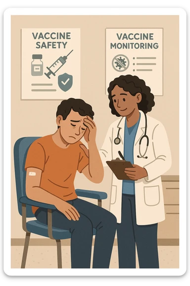 Vertical, educational medical illustration: a healthcare professional observes a patient who appears unwell after receiving a vaccine. The patient sits in a clinic chair, showing mild symptoms such as fatigue or headache, while the professional takes notes and offers reassurance. The background includes educational posters about vaccine safety and monitoring. sticker