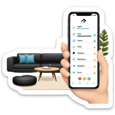 smartphone with interior design style quiz app showing swipe left and right arrows between modern and traditional living room styles sticker