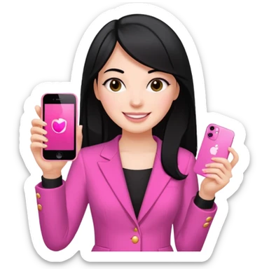 chica blanca con pelo negro liso sosteniendo con una sola mano un celula iphone 13 rosa, con vestimenta d salir de fiesta sticker