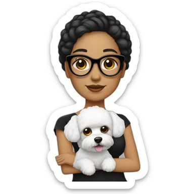 mujer piel blanca cabello negro con chongo  gafas y perro bichon blanco sticker