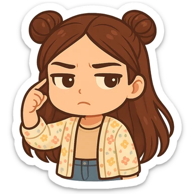 Create a chibi sticker of the girl from the reference image. She is twirling her finger at her temple with an unimpressed, judging expression (not angry). She has brown straight hair styled in double buns, brown eyes, wearing a pastel floral cardigan and jeans. The sticker should have a white outline and a transparent background, sized 512x512px. sticker