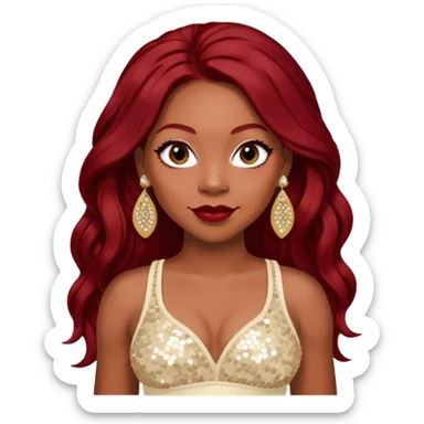 LaTavia Robeson with long dark red hair, ivory sequin crop top, ivory earring sticker