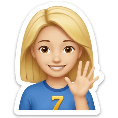 yellow smiling face girl with one hand flat under chin. With the number 6 on the left hand and the number 7 on the right hand sticker