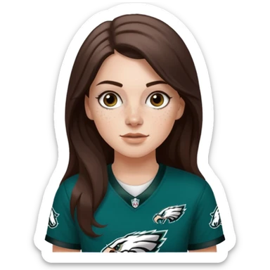 White girl with long dark medium brown hair and freckles wearring a Philadelphia eagles jersey sticker