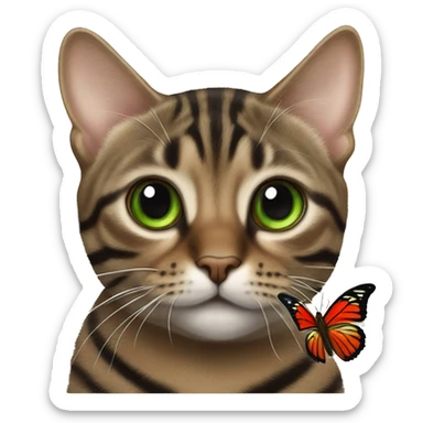brown tabby cat with black stripes, green eyes, red nose and next to a butterfly  sticker