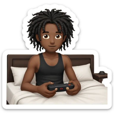 my black boyfriend in his bed with a black singlet on playing video games black curly dreadlocks  sticker
