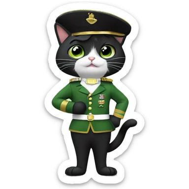 a tuxedo cat with a black mustache waving hi in a green soldier uniform sticker