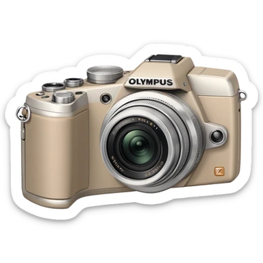Minimal Olympus Superzoom 70G camera from slight top angle, grayish-beige color, simplified shape with subtle indication of basic camera features sticker
