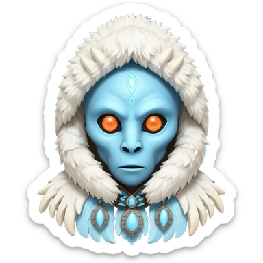 ancient arctic alien shaman portrait, head and shoulders only, Inuit-inspired fur hood, carved bone ornaments, glowing cosmic eyes, icy alien skin, spiritual sci-fi vibe, 3D cartoon, mobile game icon style, clean background, no text, no watermark


 sticker